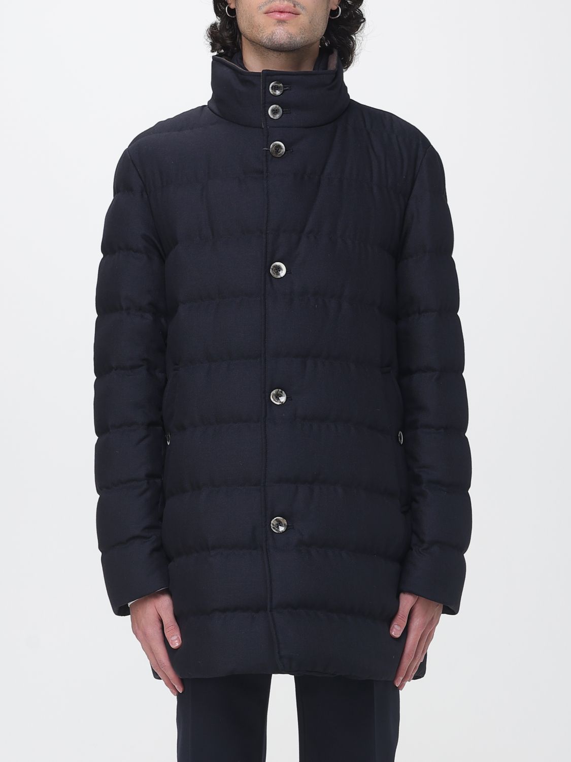 Herno Long Quilted Wool and Technical Fabric Down Jacket with High Collar