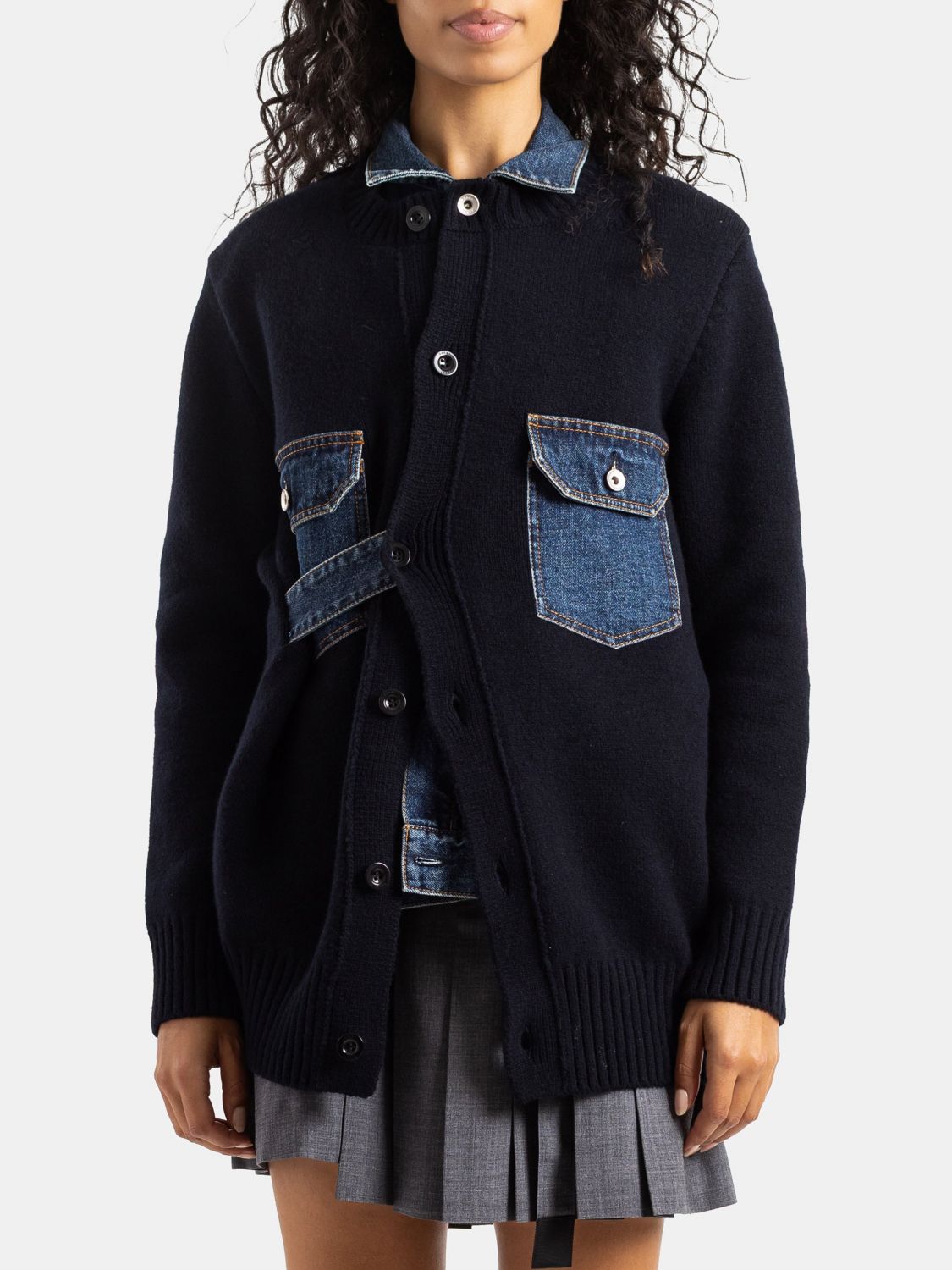 SACAI Wool and Denim Hybrid Cardigan with Classic Collar