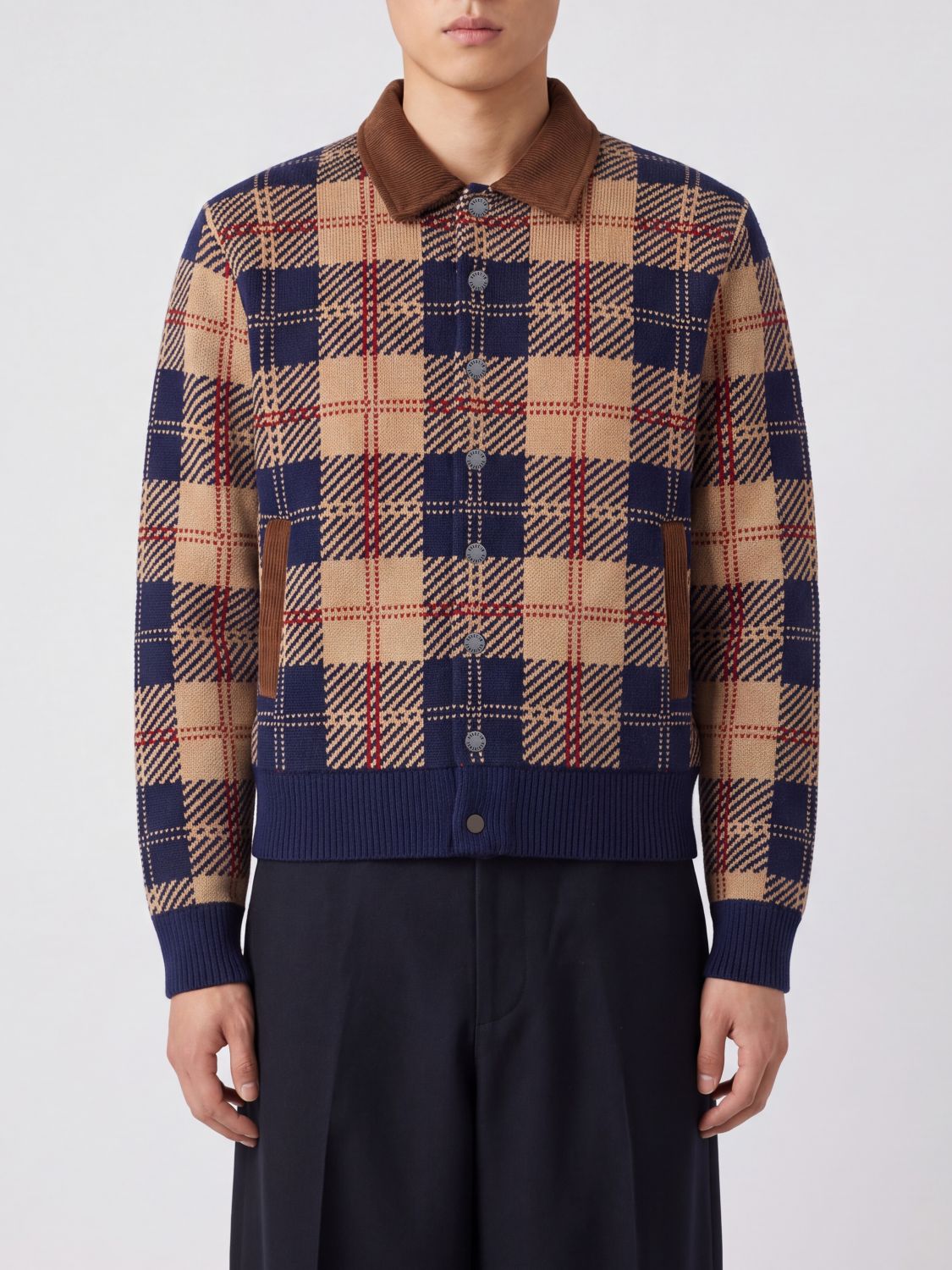 Guest In Residence Tartan Wool and Cashmere Cardigan with Velvet Collar