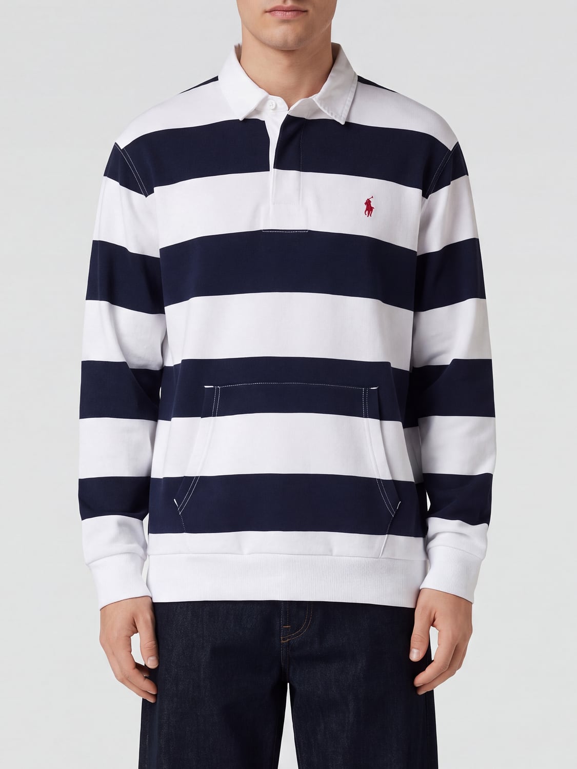 Polo Ralph Lauren Striped Long-Sleeve Polo in Cotton Blend with Kangaroo Pocket