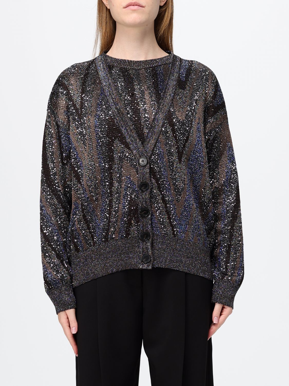 MISSONI Cardigan in lurex con motivo a zig zag e scollo a V