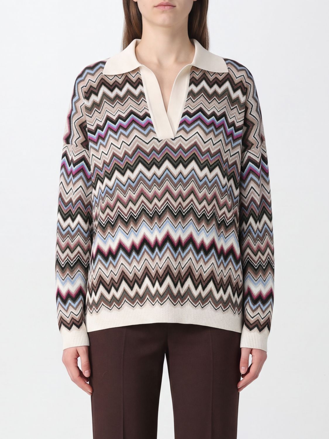 Missoni Long-Sleeved Knitted Polo Shirt with Zig Zag Pattern