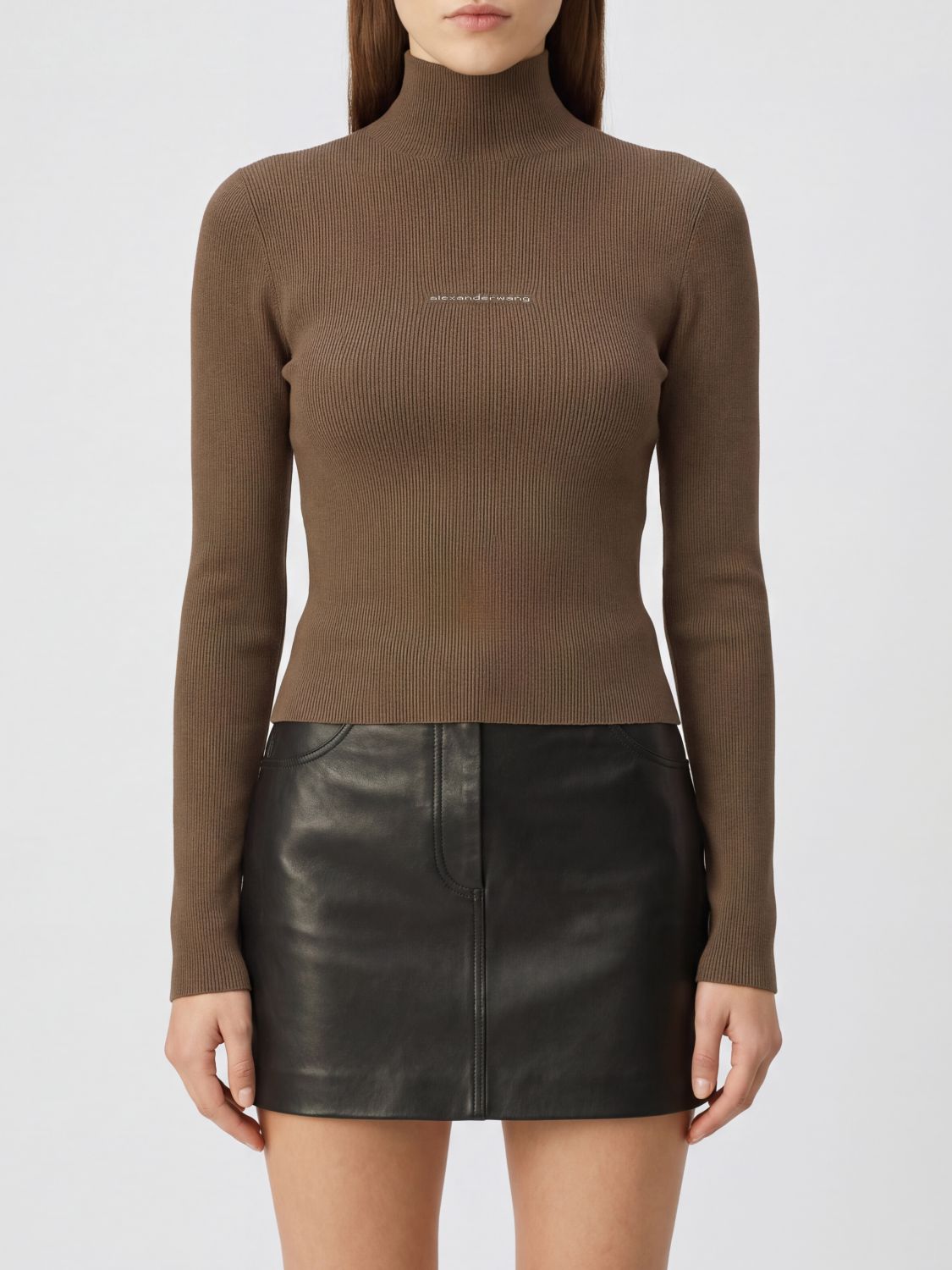 ALEXANDER WANG Ribbed Jersey Long-Sleeve Turtleneck Top with Logo