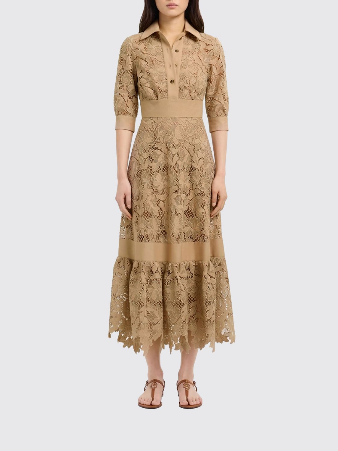 ELIE SAAB Macramé Lace Midi Shirtdress with Short Sleeves