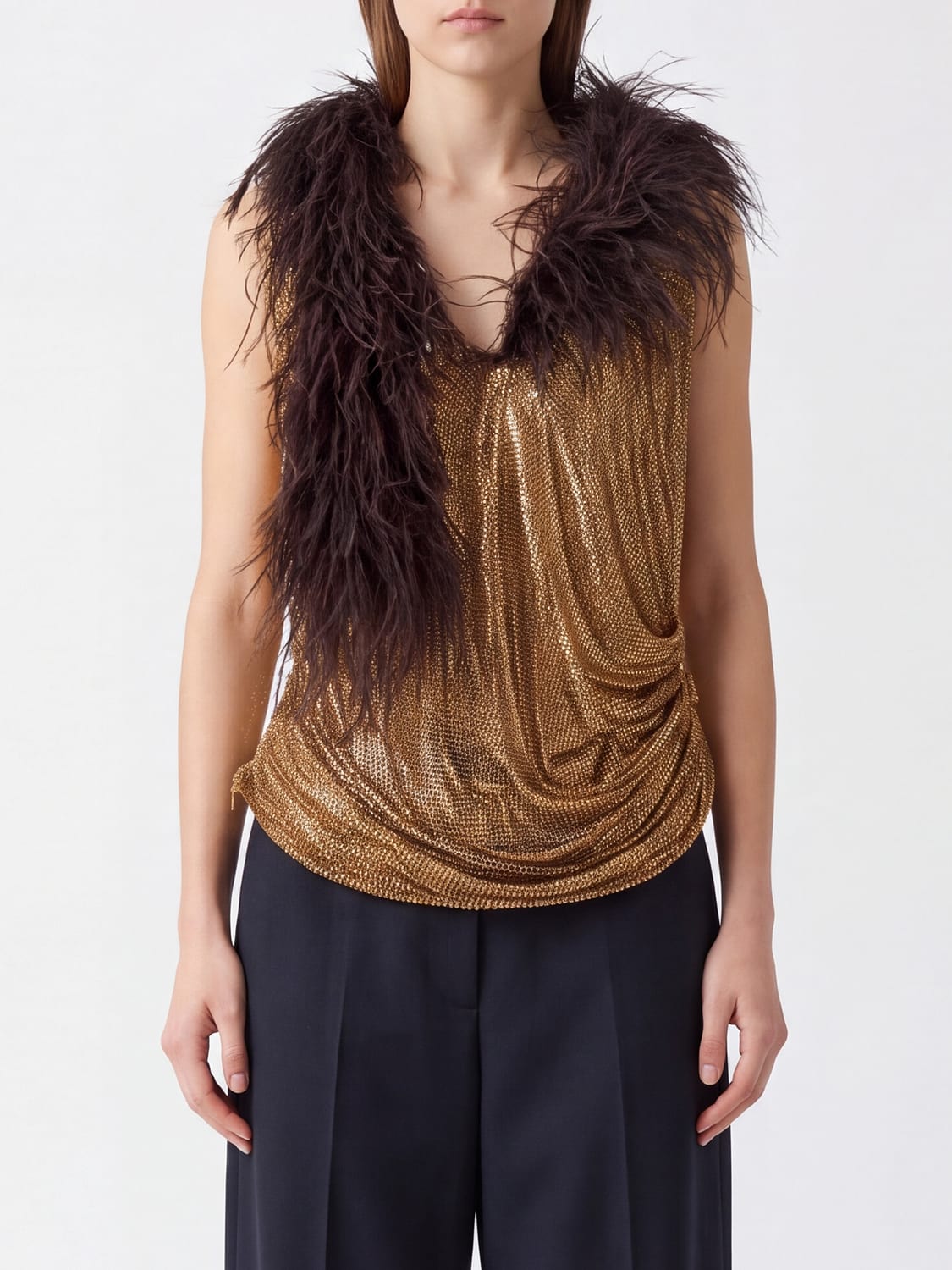 GIUSEPPE DI MORABITO Draped Evening Top with Ostrich Feathers and Rhinestones GIUSEPPE DI MORABITO Draped Evening Top with Ostrich Feathers and Rhinestones