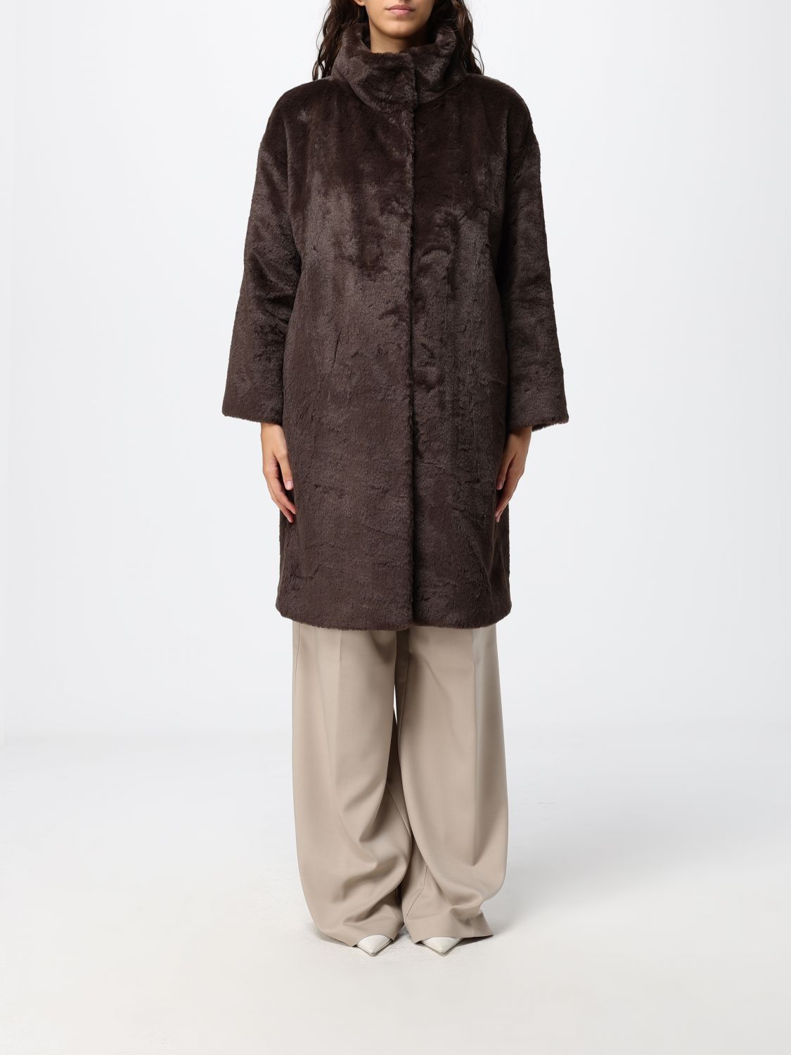 HERNO Long Single-Breasted Faux Fur Coat with High Neck