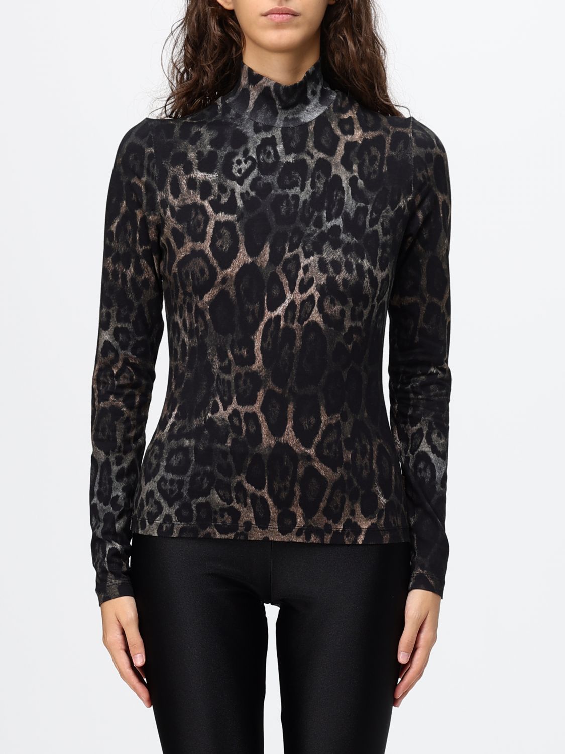 JUST CAVALLI Animal Print Stretch Cotton Slim Fit Turtleneck Top