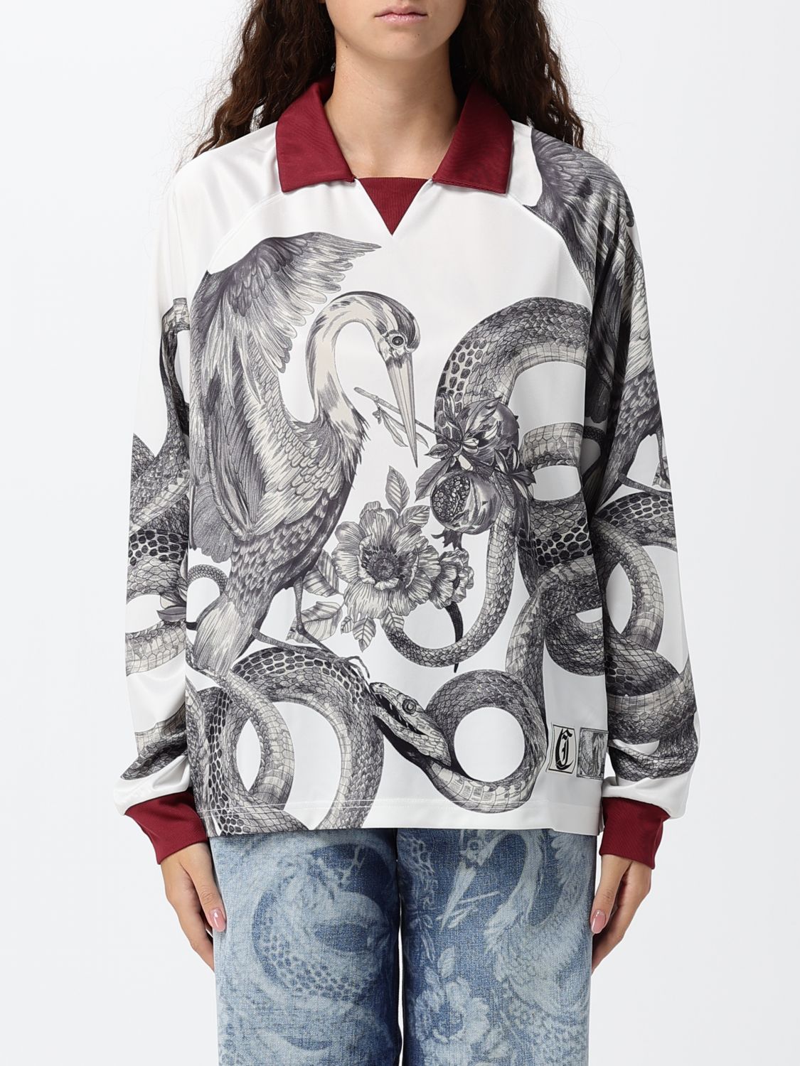 Just Cavalli Snake Print Long-Sleeved Polyester Polo Shirt with Logo
