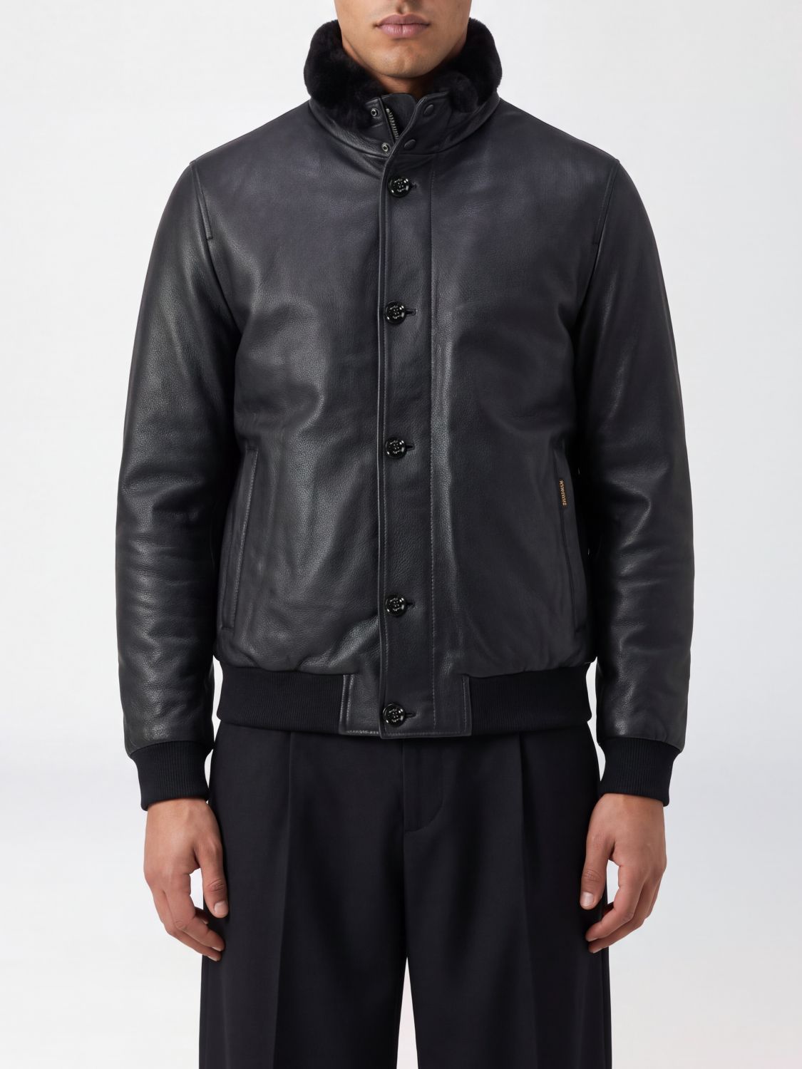 Moorer Goose Down Padded Leather Bomber Jacket with Fur High Collar