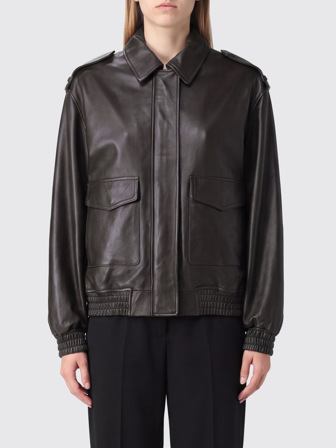 Arma Lambskin Leather Bomber Jacket With Epaulettes And Flap Pockets In Black