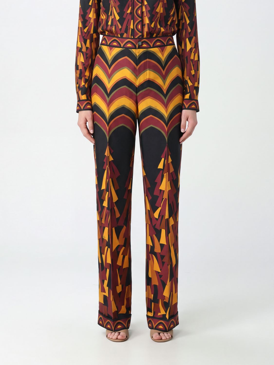 Pucci High-waisted Ethnic Print Pure Silk Straight Trousers In Burgundy