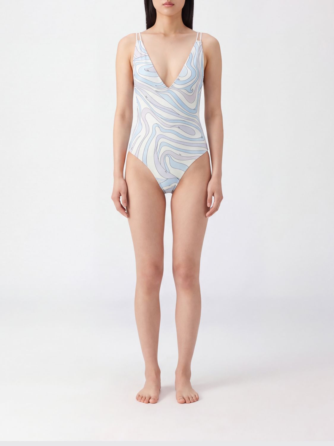 Pucci Printed One-piece Swimsuit With Deep V-neck In Blue