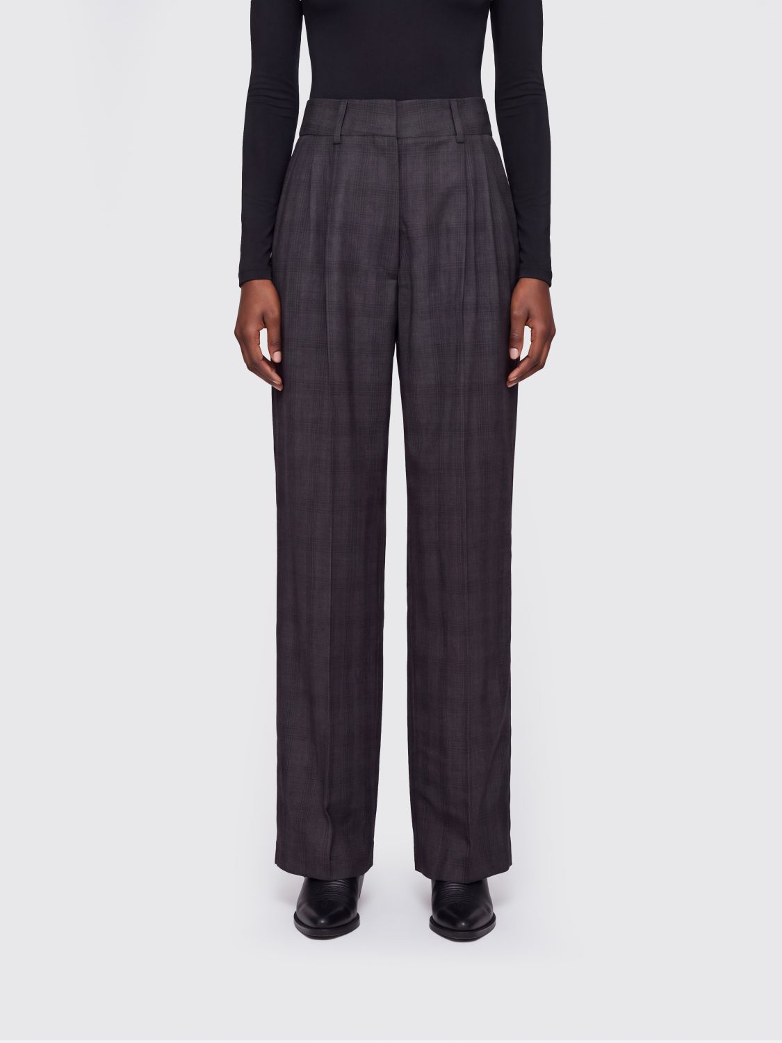 BLAZÉ MILANO Check Straight Trousers in Pure Virgin Wool with High Waist