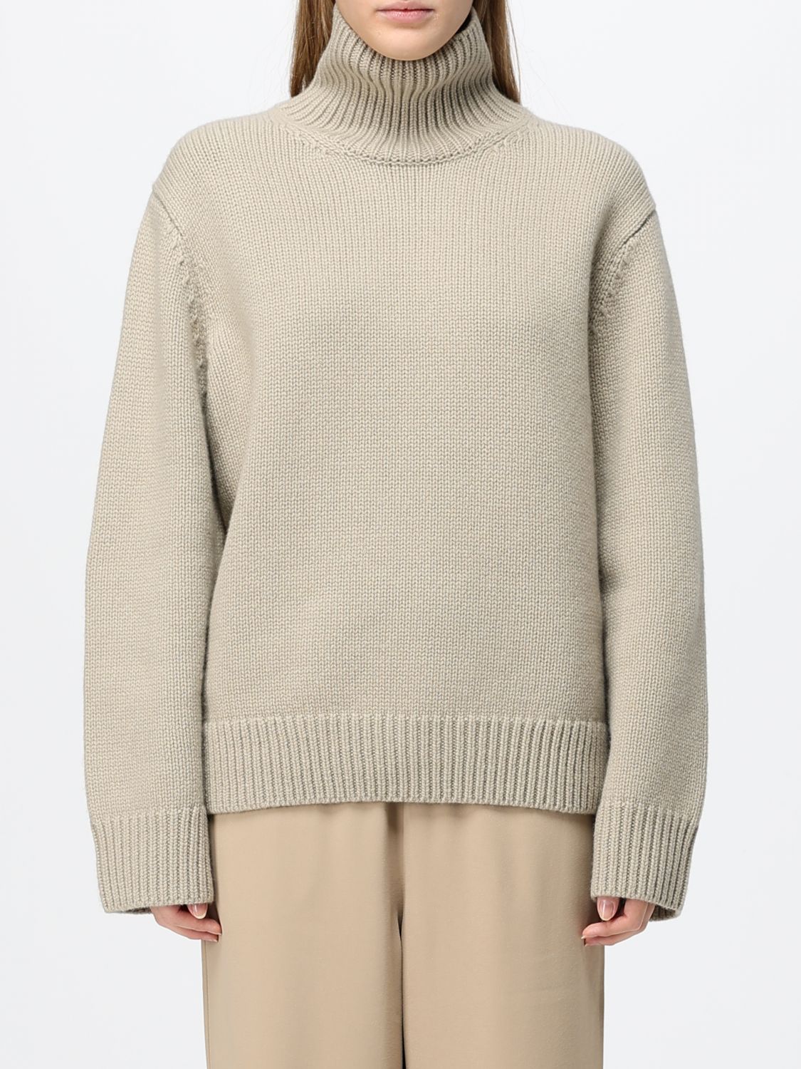 Toteme Wool Turtleneck Sweater with High Collar and Ribbed Trims