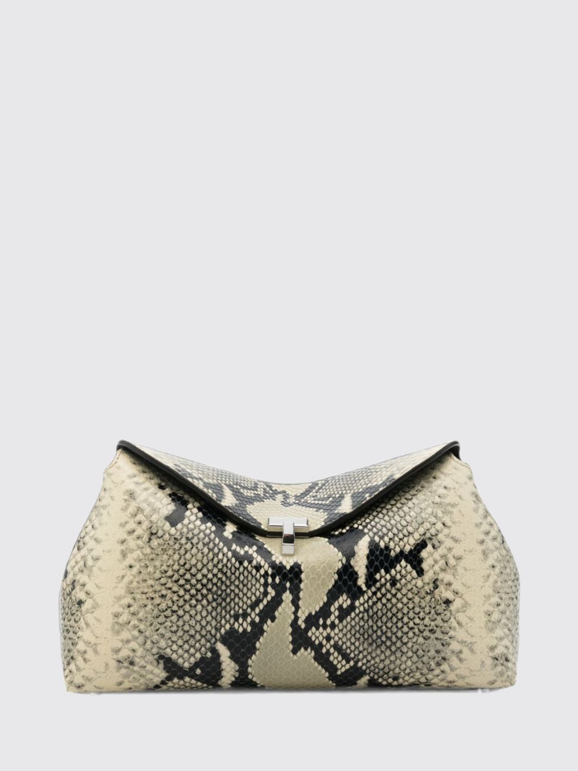 Toteme T-Lock Python-Print Leather Clutch with Metal Closure