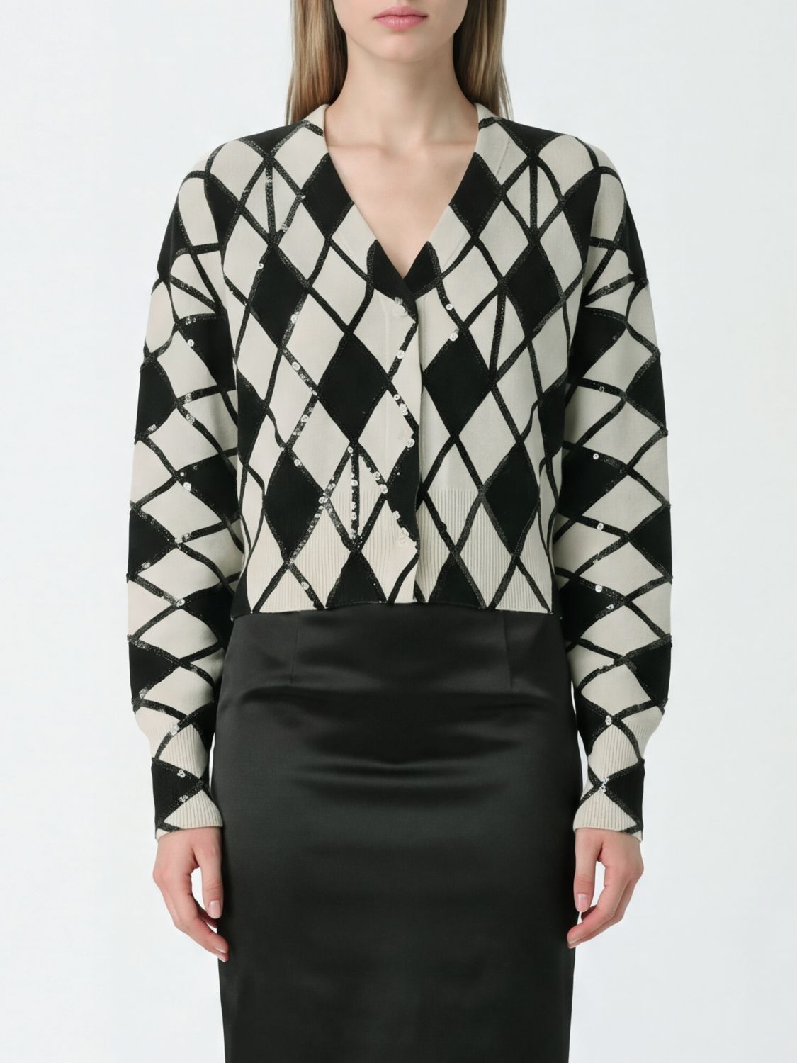 BLUMARINE Wool and Cashmere Argyle Cardigan with Sequin Embellishment