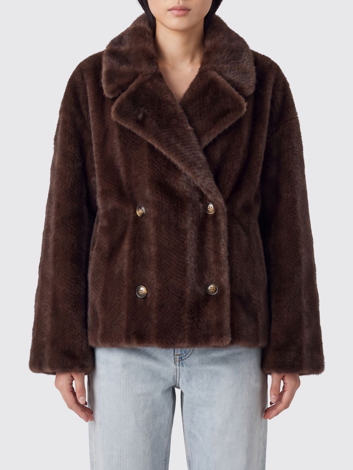 SWORD 6.6.44 Double-Breasted Short Faux Fur Coat in a Shearling Style