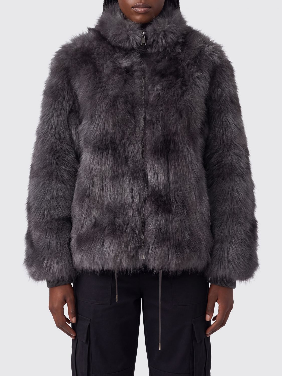 SWORD 6.6.44 Short Faux Fur Jacket with High Neck and Zip Closure