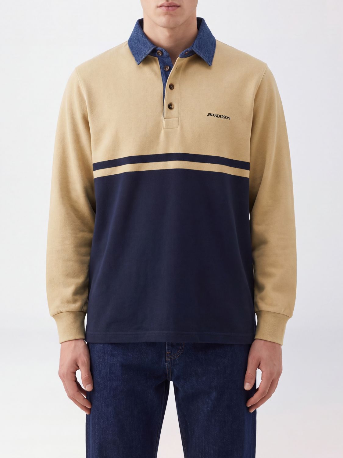 Jw Anderson Long-Sleeved Bicolor Pattern Cotton Polo Shirt
