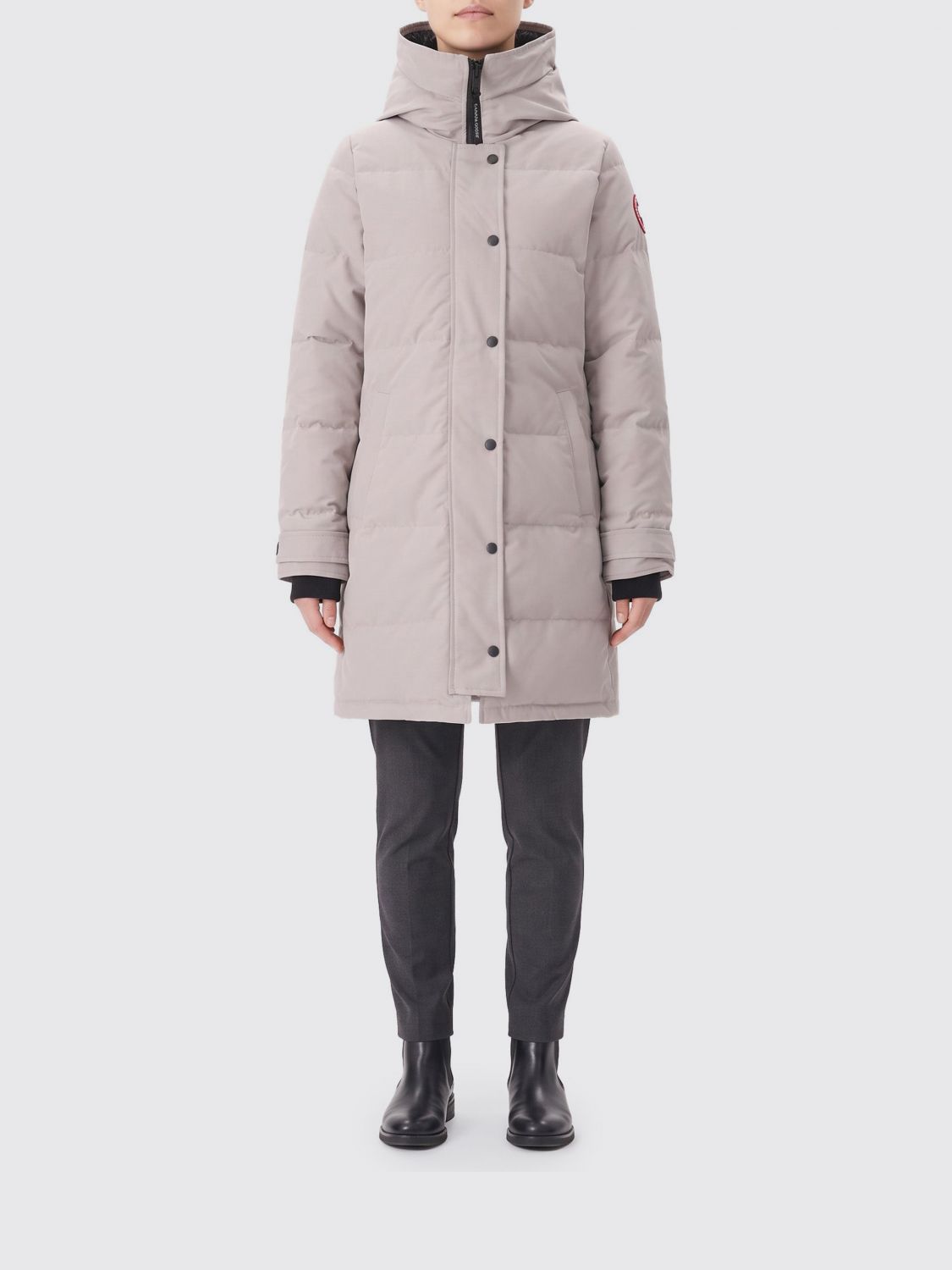 Canada Goose Long Organic Cotton Down Jacket with Hood and Logo Patch