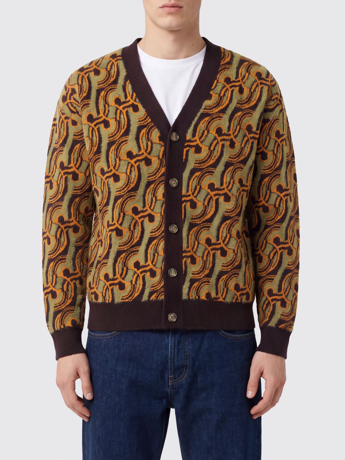 Drôle de Monsieur Ethnic Pattern Wool Blend V-Neck Cardigan