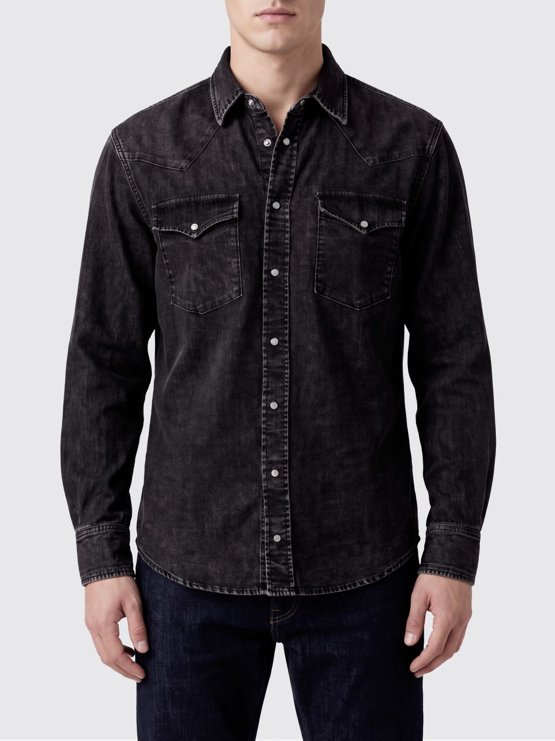 Dondup Cotton Denim Shirt with Patch Pockets and French Collar