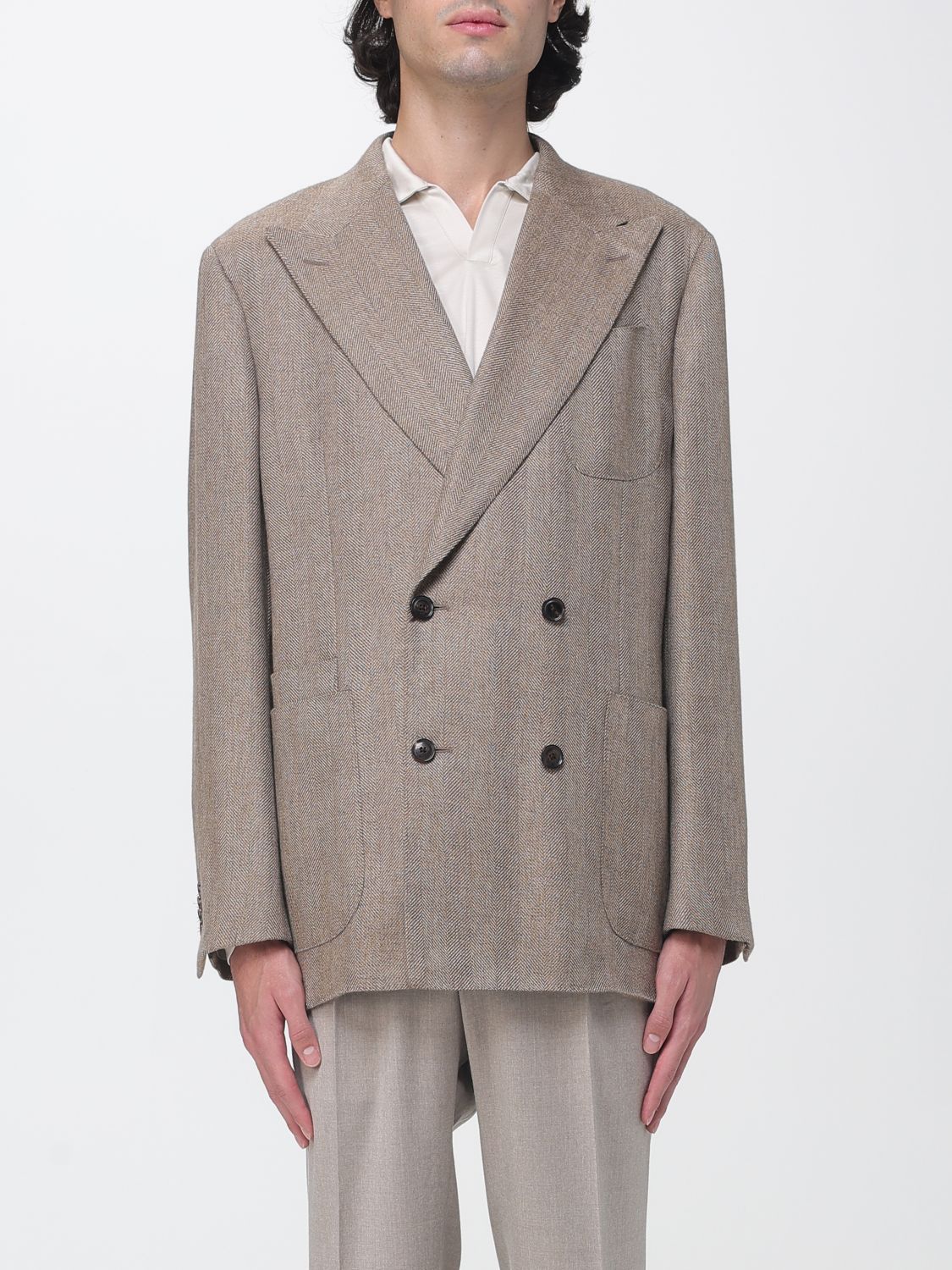 Luciano Barbera Double-Breasted Pure Cashmere Blazer with Chevron Pattern Luciano Barbera Double-Breasted Pure Cashmere Blazer with Chevron Pattern