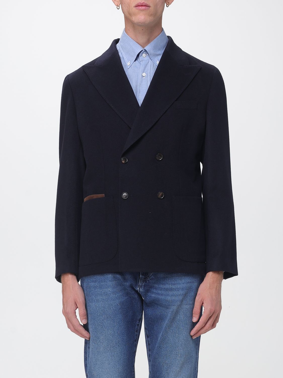 Luciano Barbera Double-Breasted Pure Wool Blazer with Welt Pockets Luciano Barbera Double-Breasted Pure Wool Blazer with Welt Pockets