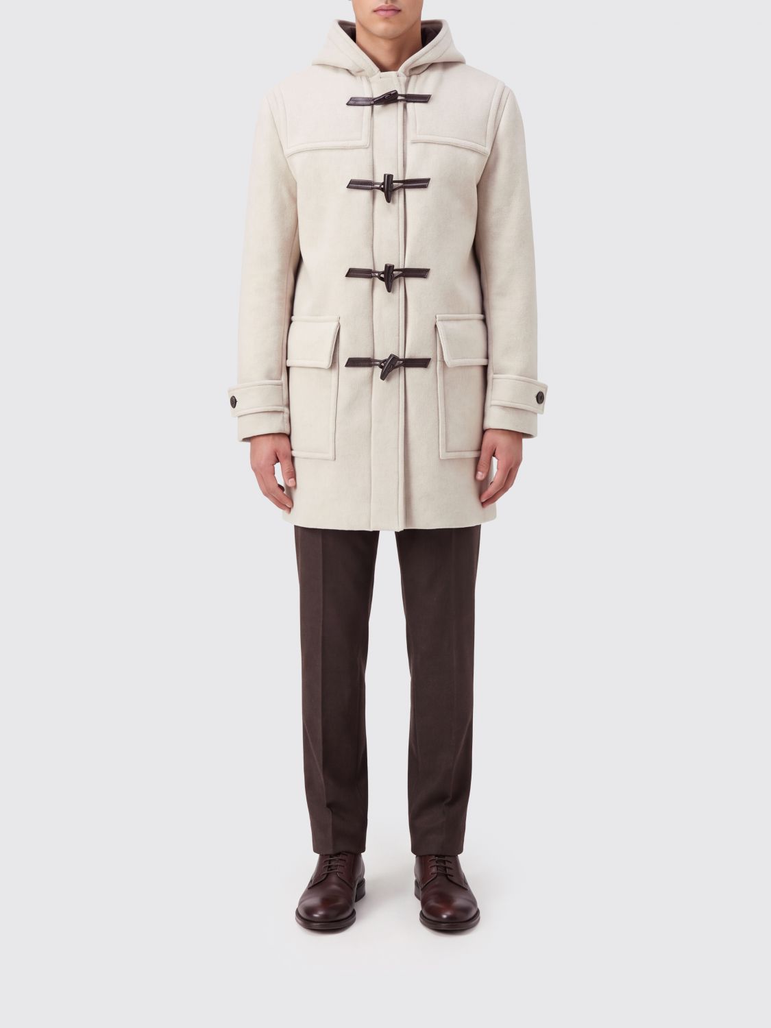 Boss Short Coat in Virgin Wool and Cashmere with Hood and Toggles