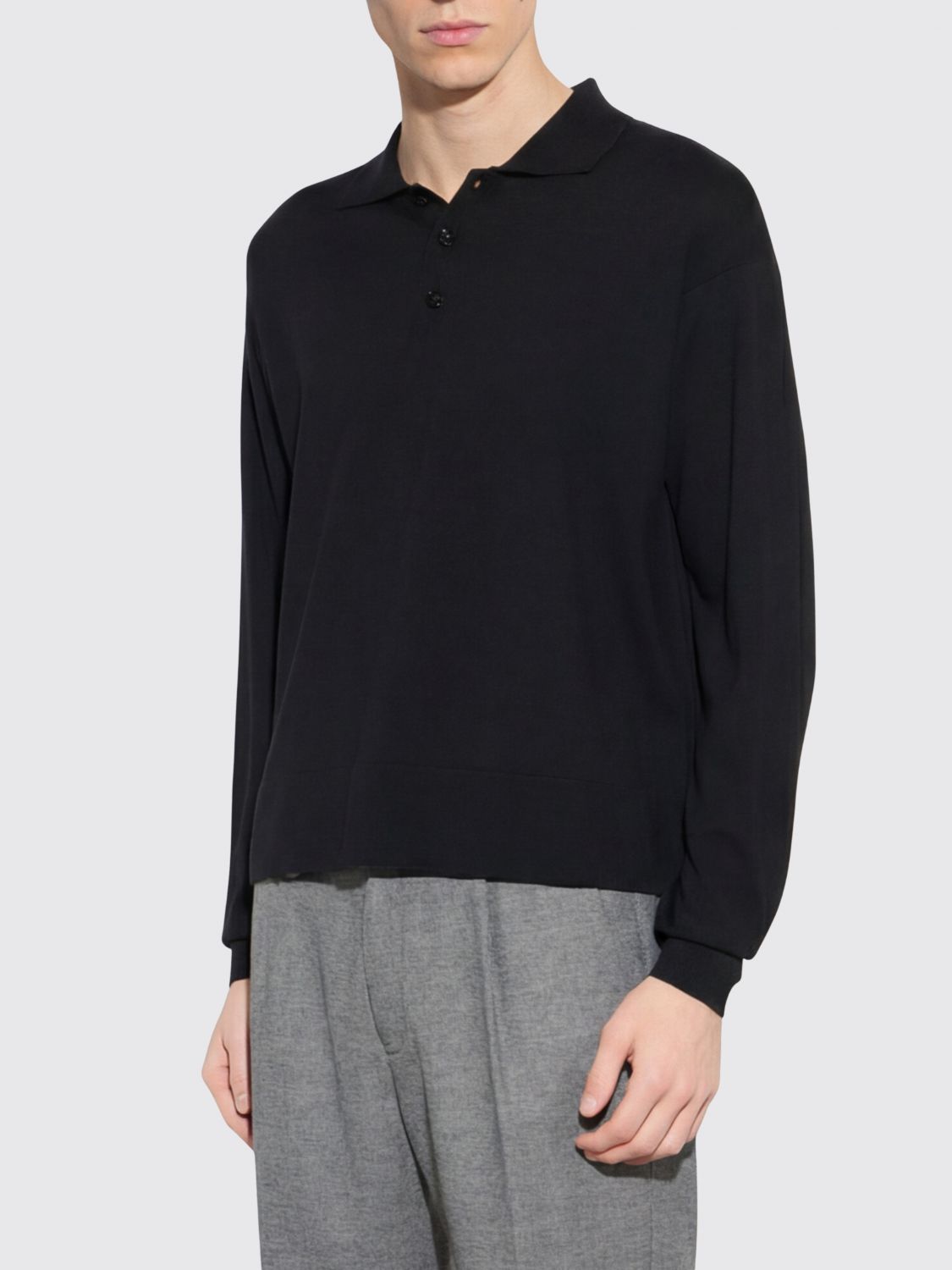 Paolo Pecora Long-Sleeved Knitted Cotton Polo Shirt with Three-Button Placket
