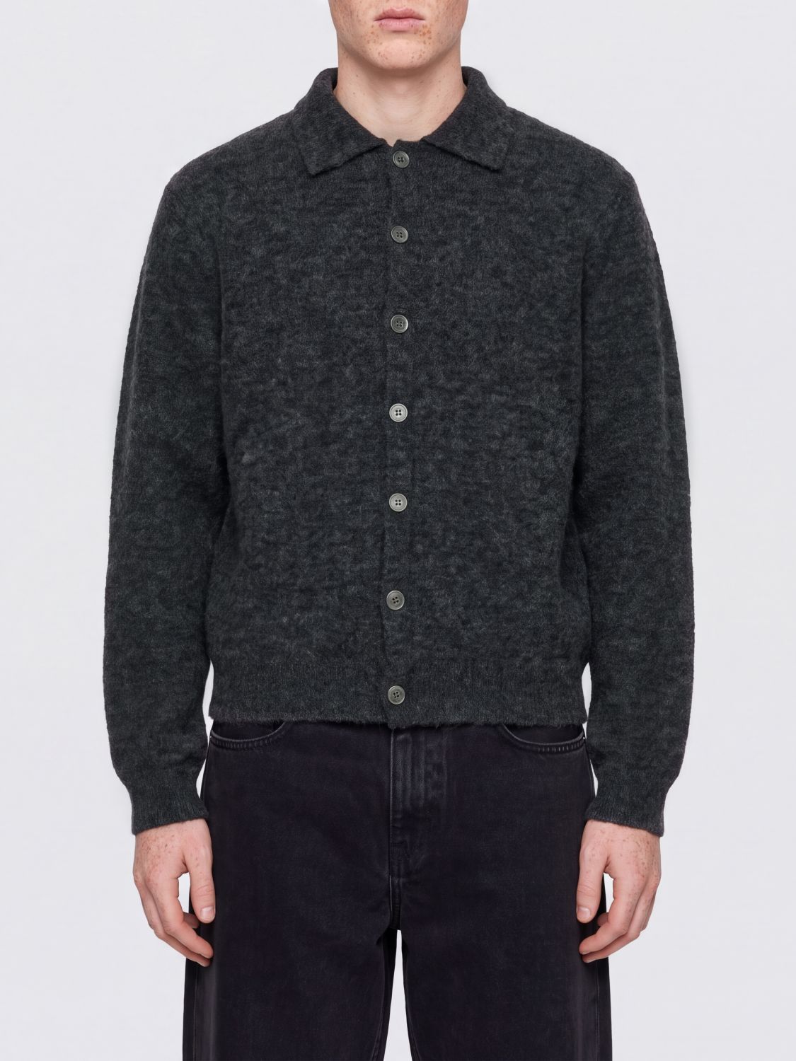 Our Legacy Alpaca Wool Cardigan with Ribbed Collar and Hem