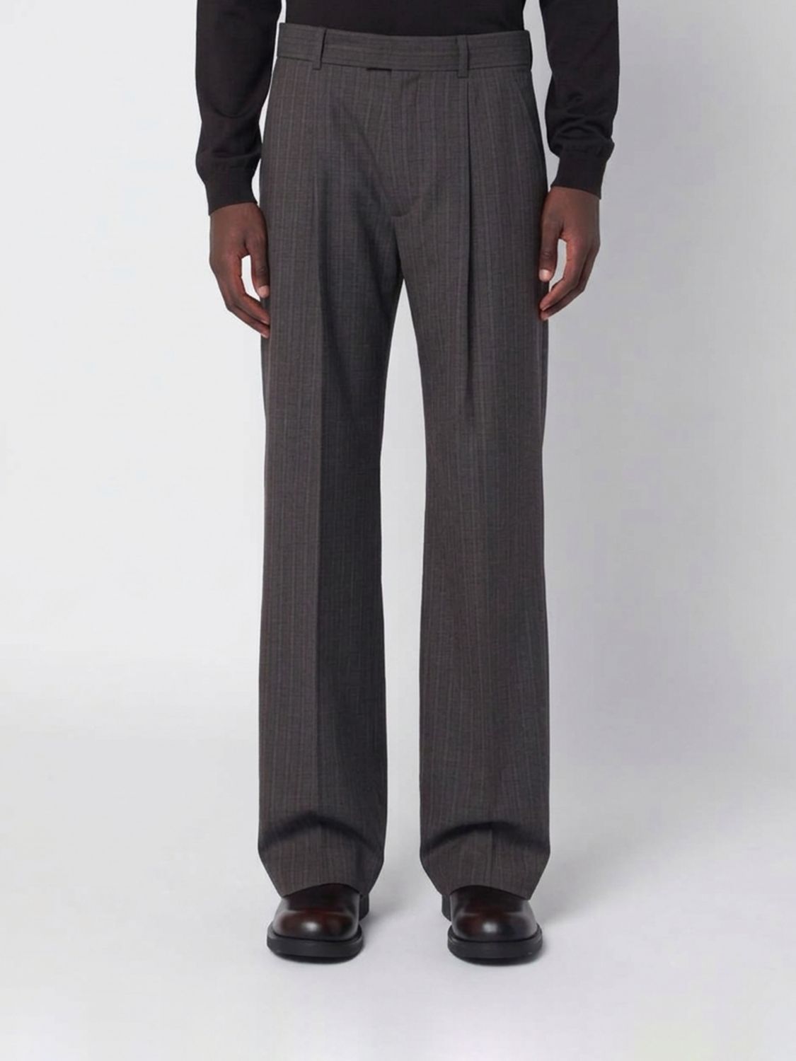 Our Legacy Pinstripe Wide Leg Pleated Trousers in Virgin Wool and Cotton