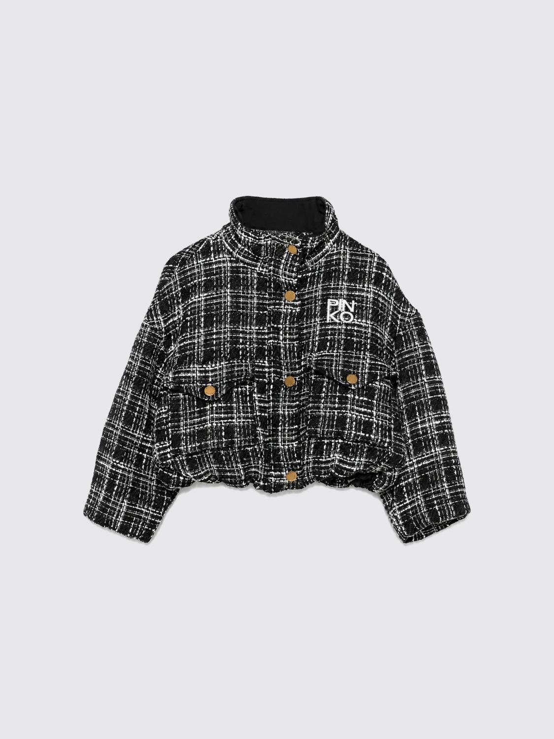 PINKO Girl's Check Tweed Bomber Jacket with High Neck and Embroidered Logo