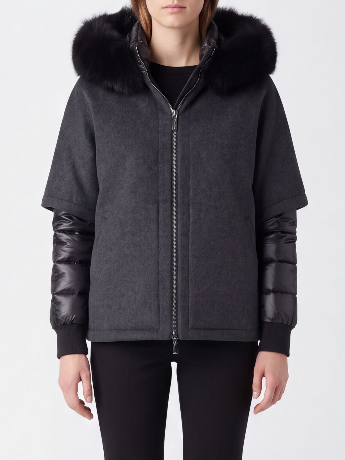 Moorer Short Wool and Cashmere Coat with Shearling Hood