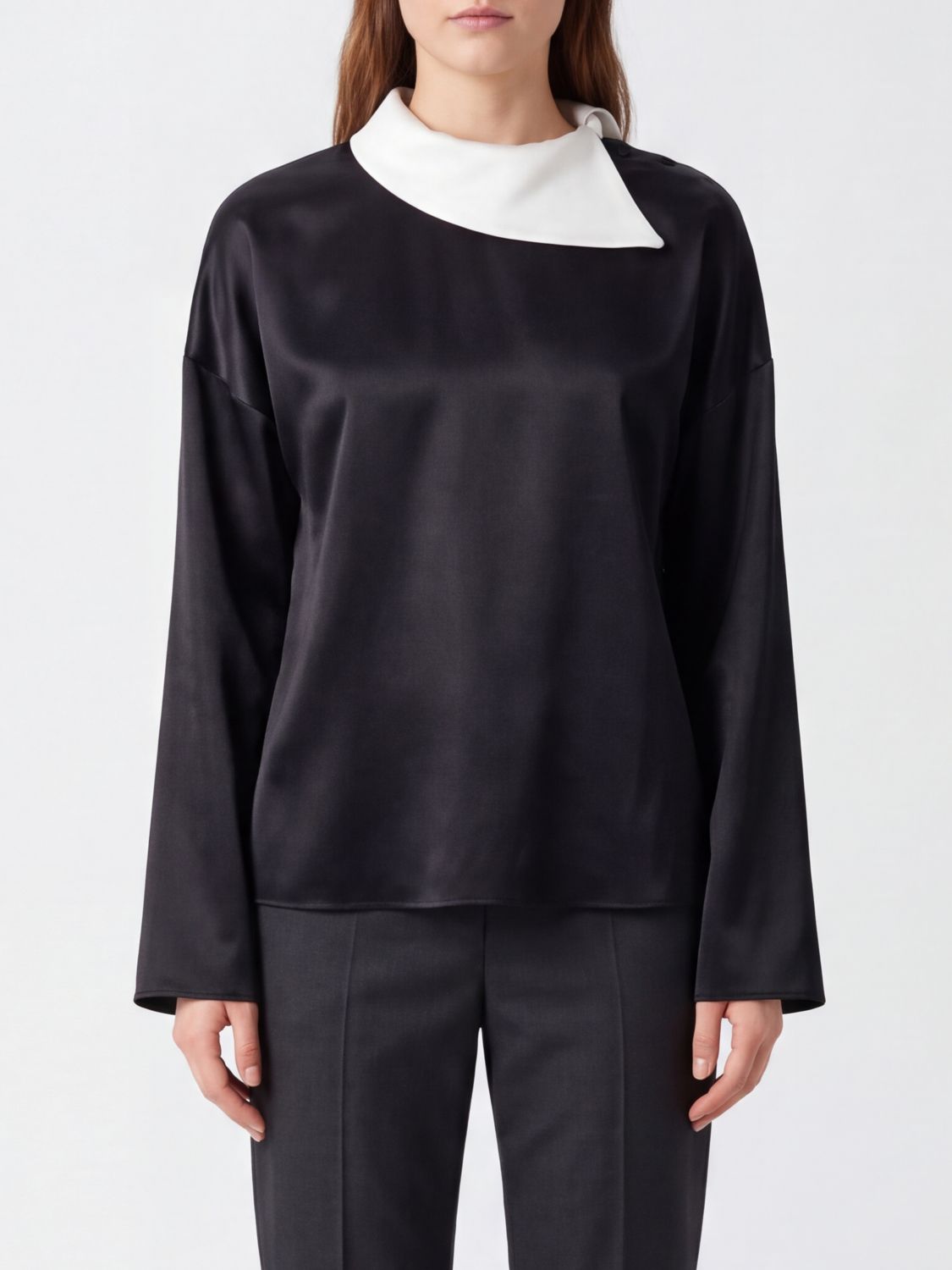 ROHE Crew Neck Viscose Satin Blouse with Long Sleeves and Dropped Shoulders