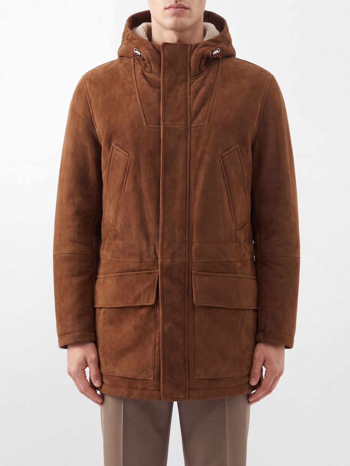 Brunello Cucinelli Knee-Length Hooded Parka in Suede Calfskin