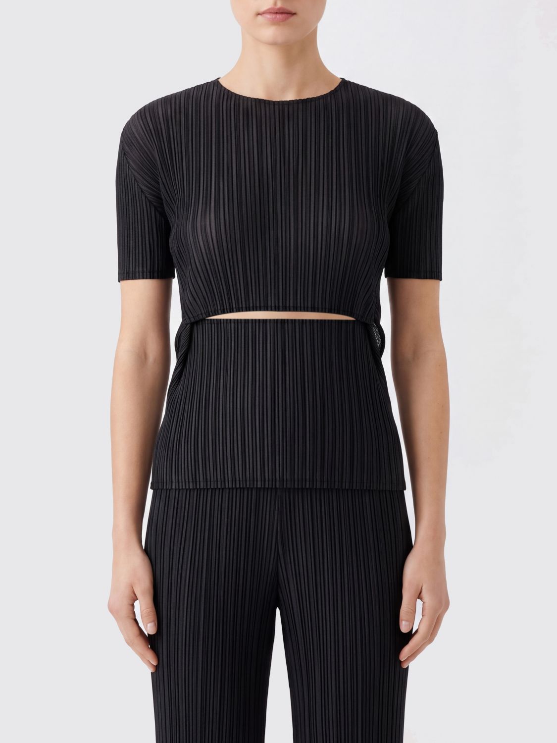 ISSEY MIYAKE Pleated Crêpe Top with Short Sleeves and Cut-Outs