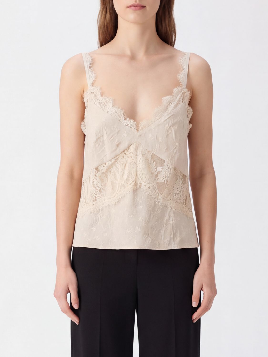 PINKO Top da sera in raso con inserti in pizzo e scollo a V