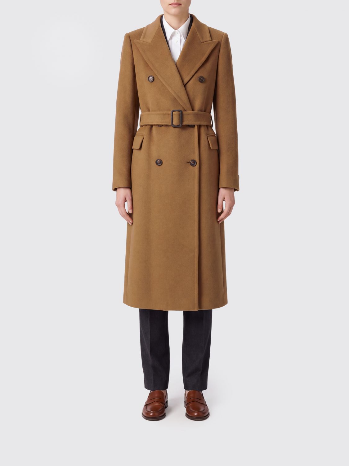 TAGLIATORE Double-Breasted Long Cashmere Coat with Waist Belt