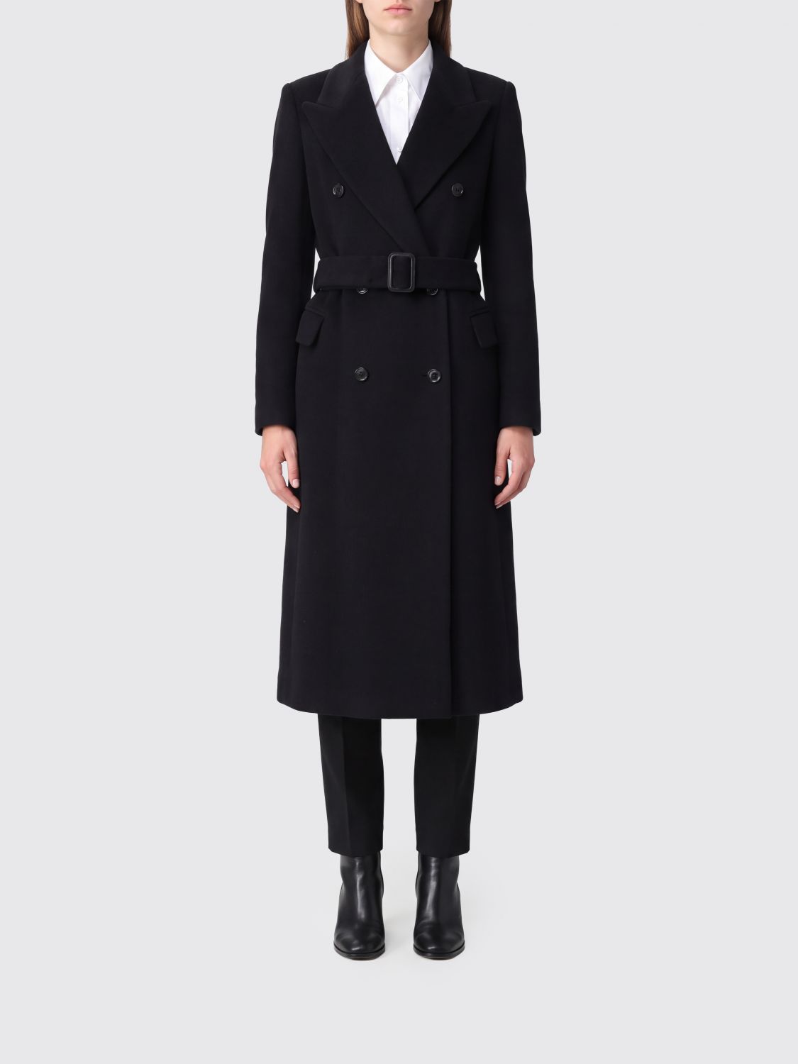 Tagliatore Double-Breasted Long Coat in Polyester with Waist Belt and Peak Lapels