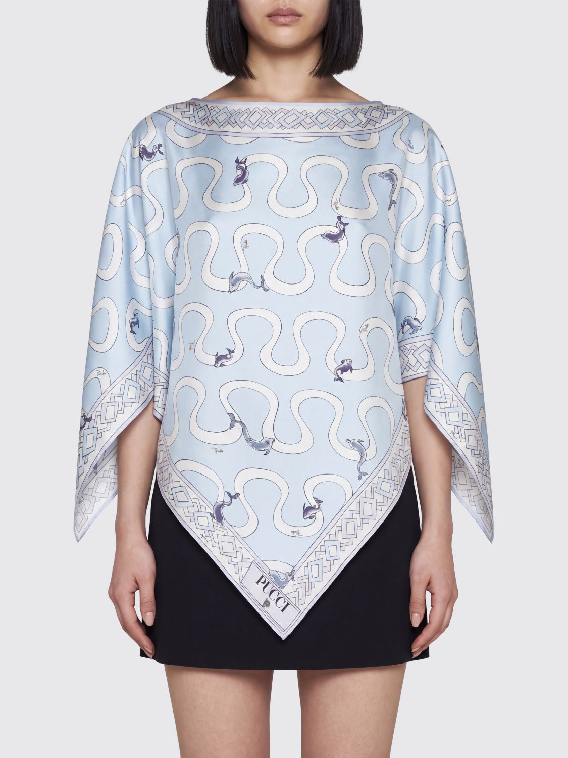 PUCCI Asymmetrical Graphic Print Silk Blouse with Crew Neck PUCCI Asymmetrical Graphic Print Silk Blouse with Crew Neck