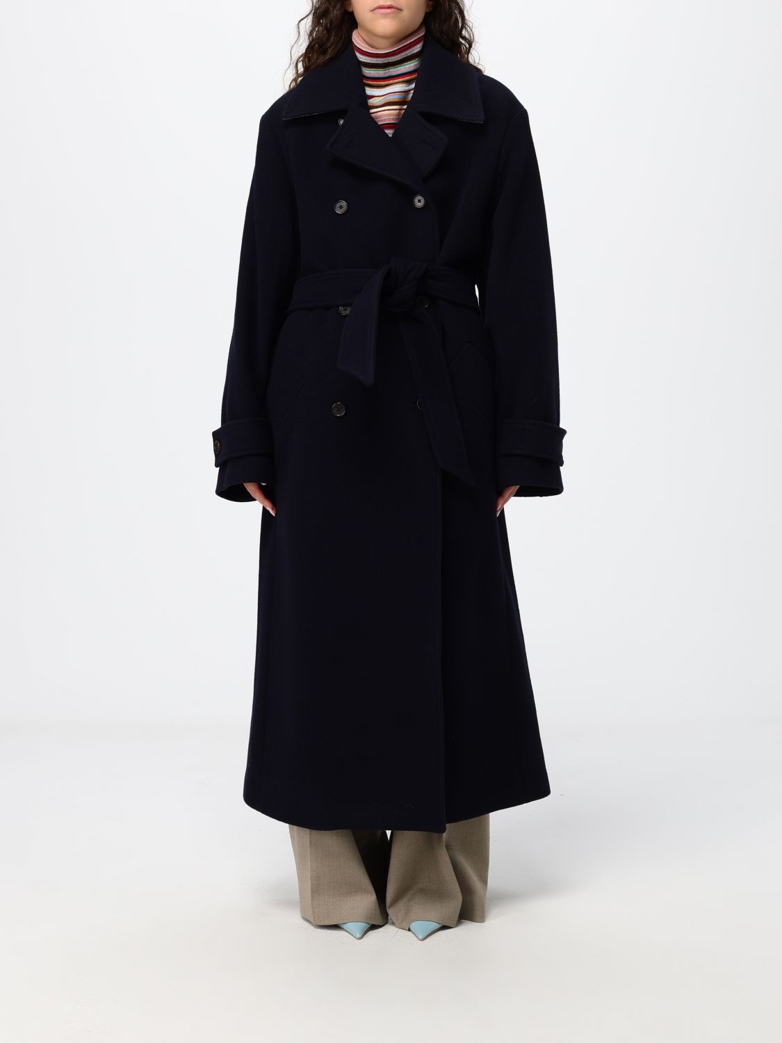 Paul Smith Long Double-Breasted Wool Blend Coat with Belt