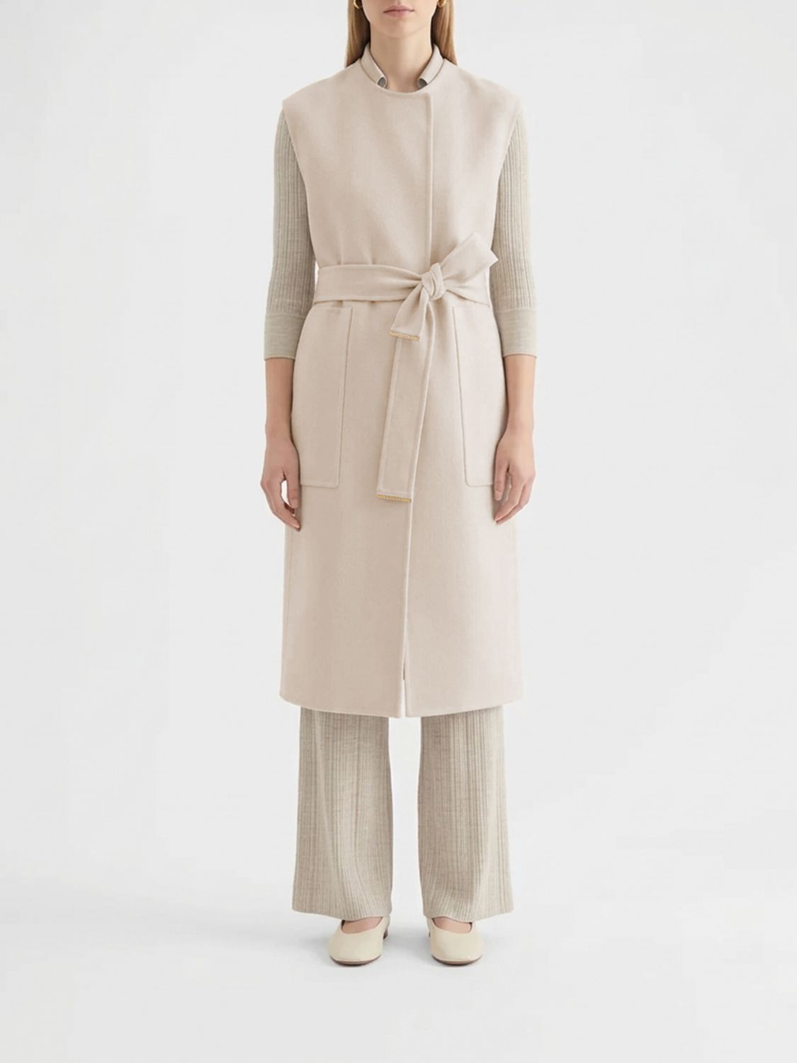 Agnona Long Sleeveless Belted Wrap Coat in Pure Cashmere with Crew Neck