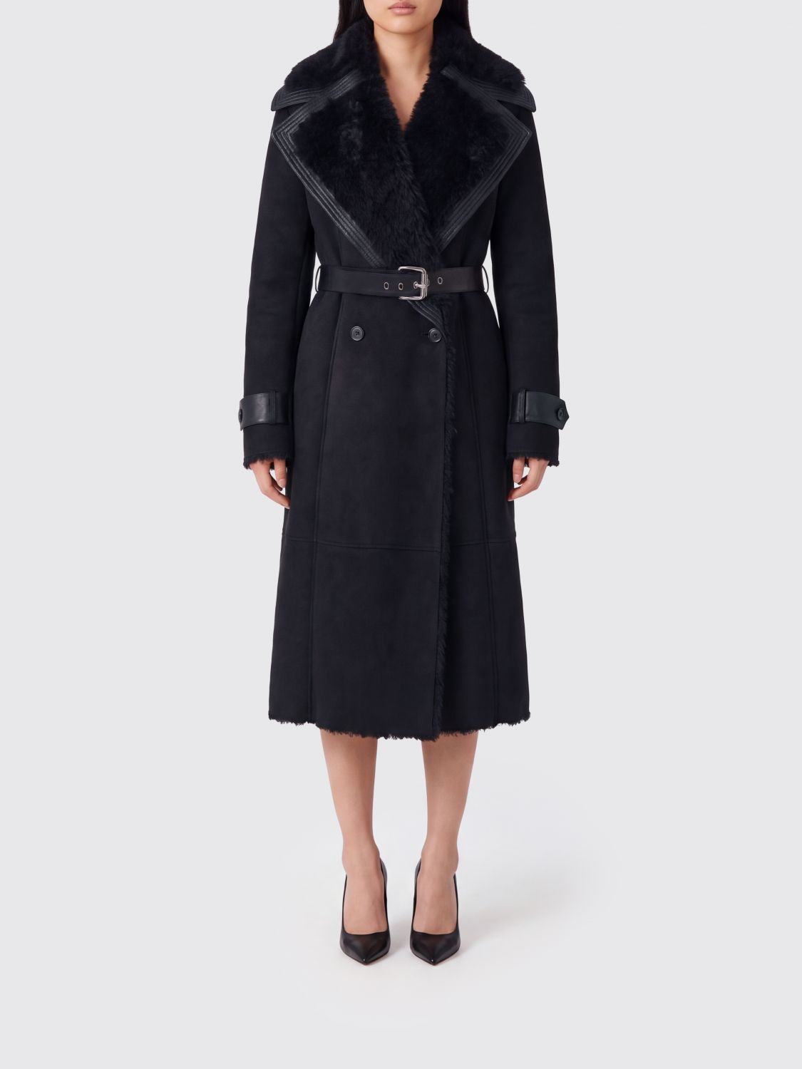 Patrizia Pepe Double-Breasted Long Coat in Faux Suede Leather with Belt
