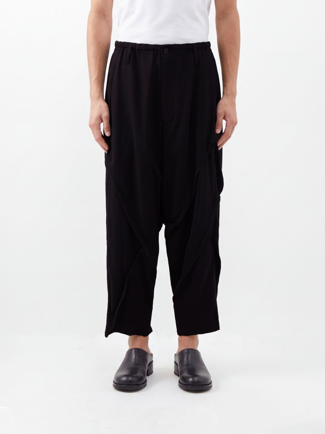 Yohji Yamamoto Mid-Rise Draped Wide-Leg Trousers in Pure Wool