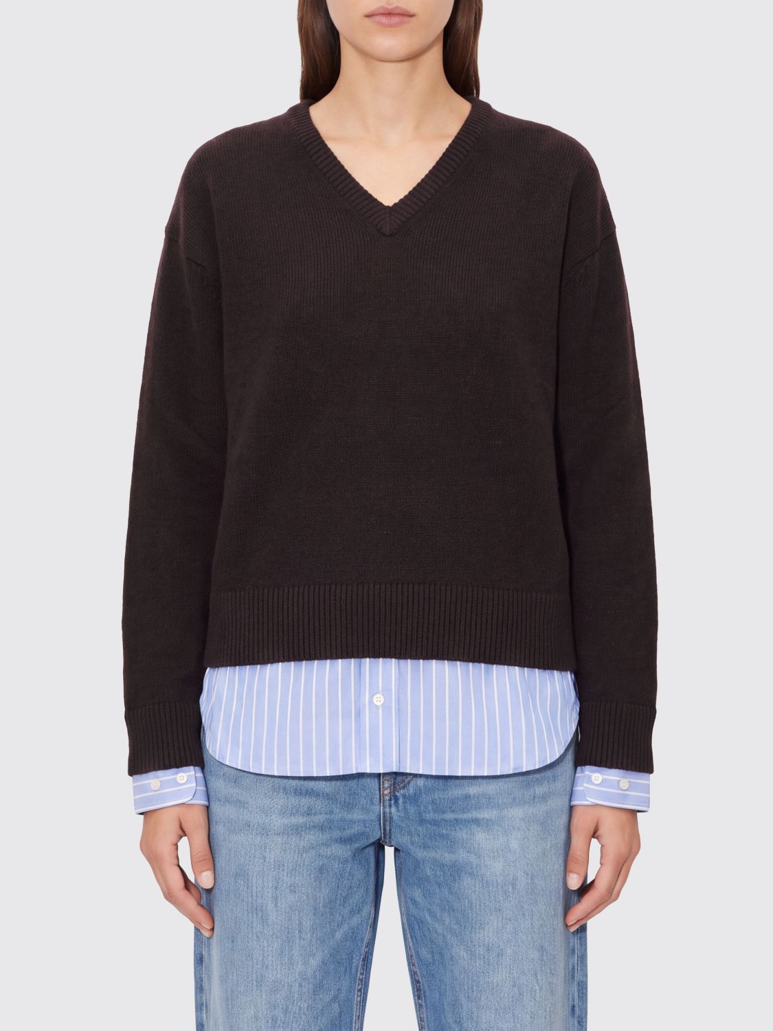 ACNE STUDIOS V-Neck Wool Sweater with Shirt Inserts at the Hem