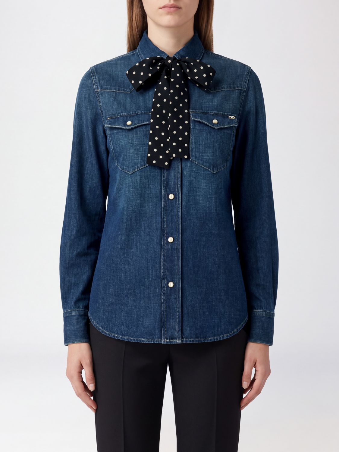 VALENTINO GARAVANI Denim Shirt with Silk Lavallière Collar