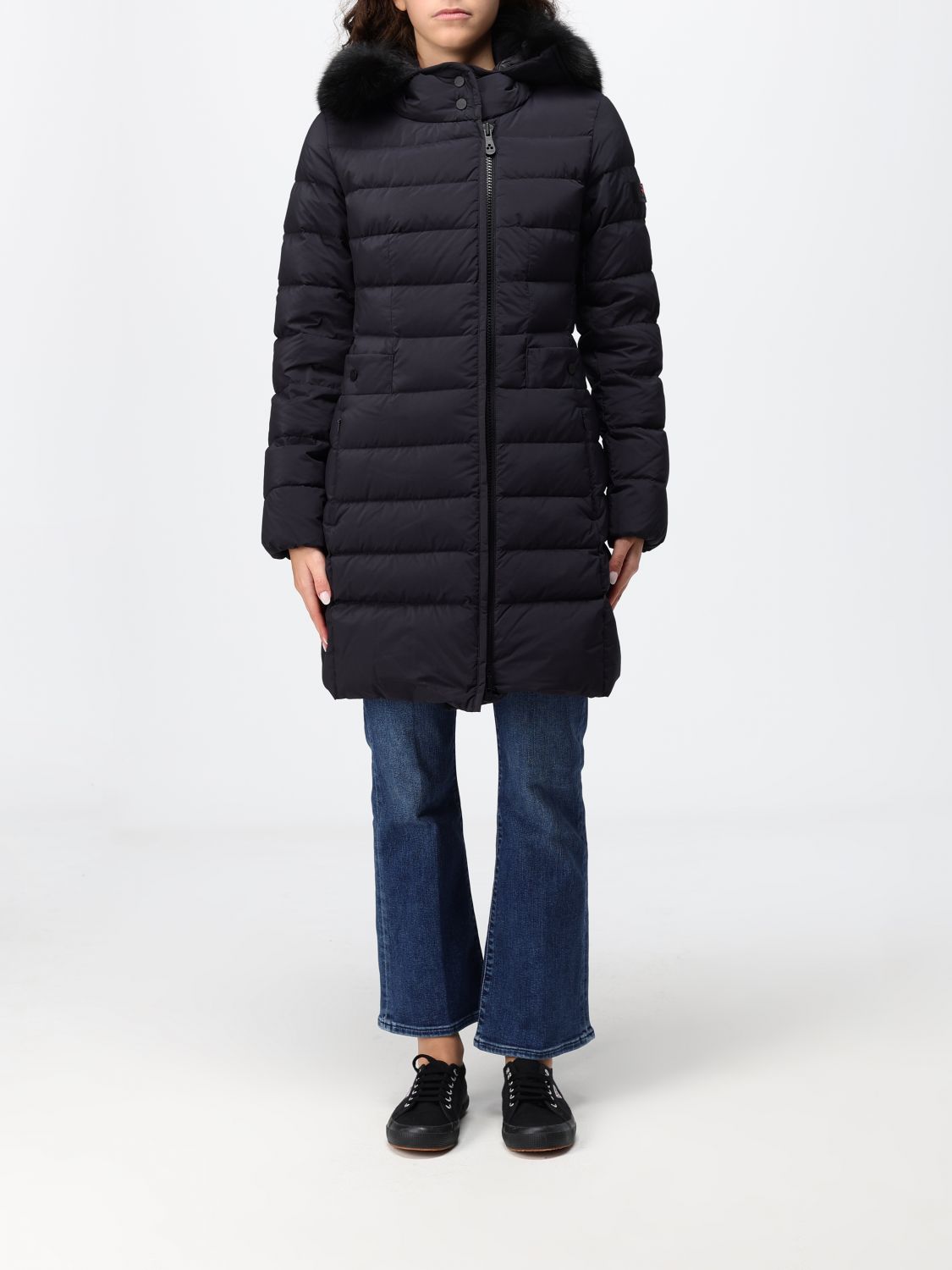 PEUTEREY Knee-Length Quilted Nylon Down Jacket with Shearling Hood