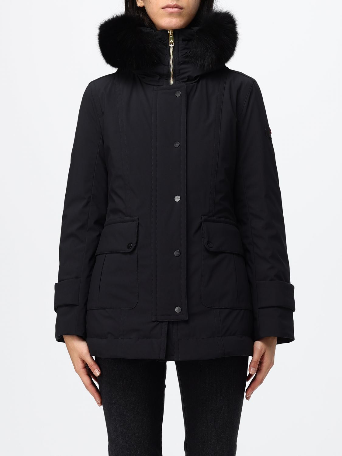 PEUTEREY Knee-Length Polyester Parka with Shearling Hood and Applied Logo