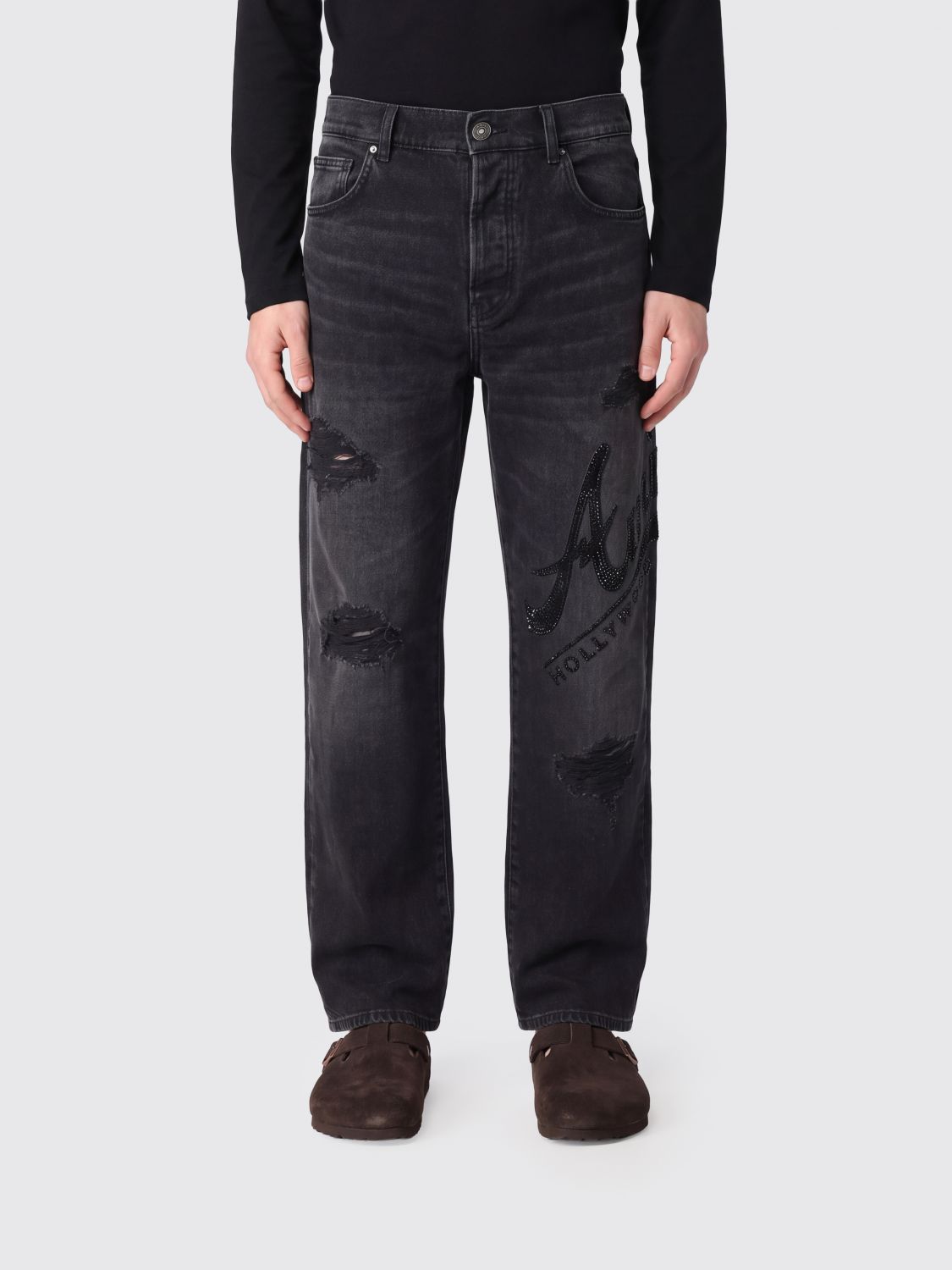 AMIRI Straight-Leg Black Denim Jeans with Rhinestones and Distressed Effect